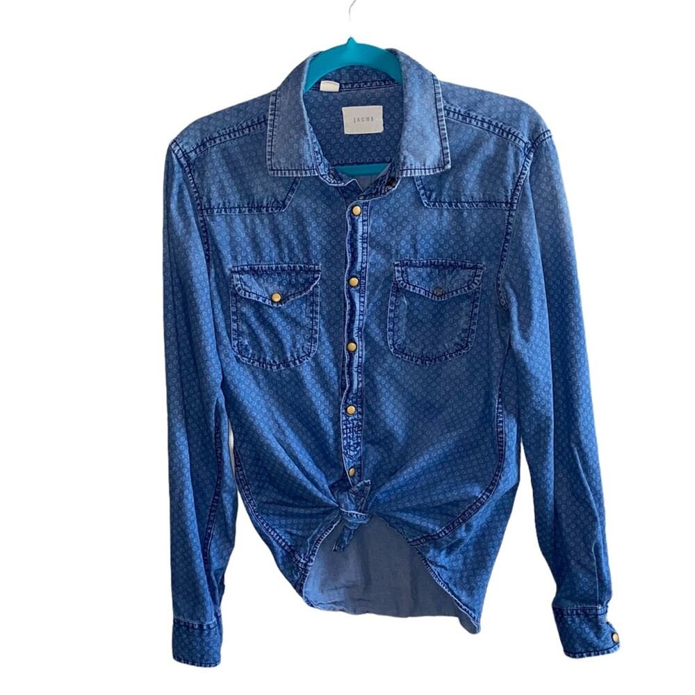 Jachs Printed Denim Button Up Shirt Small Western Chambray Long Sleeve Top